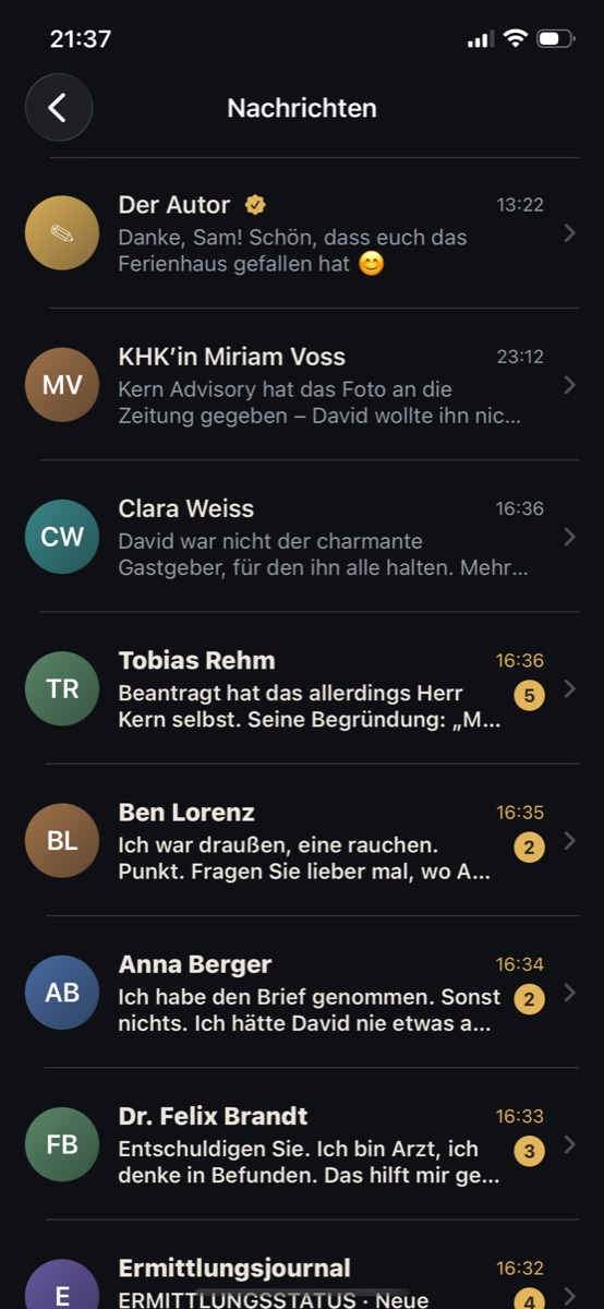 Chatliste mit Zeugen, Verdächtigen, der Kommissarin und dem Autor des Falls